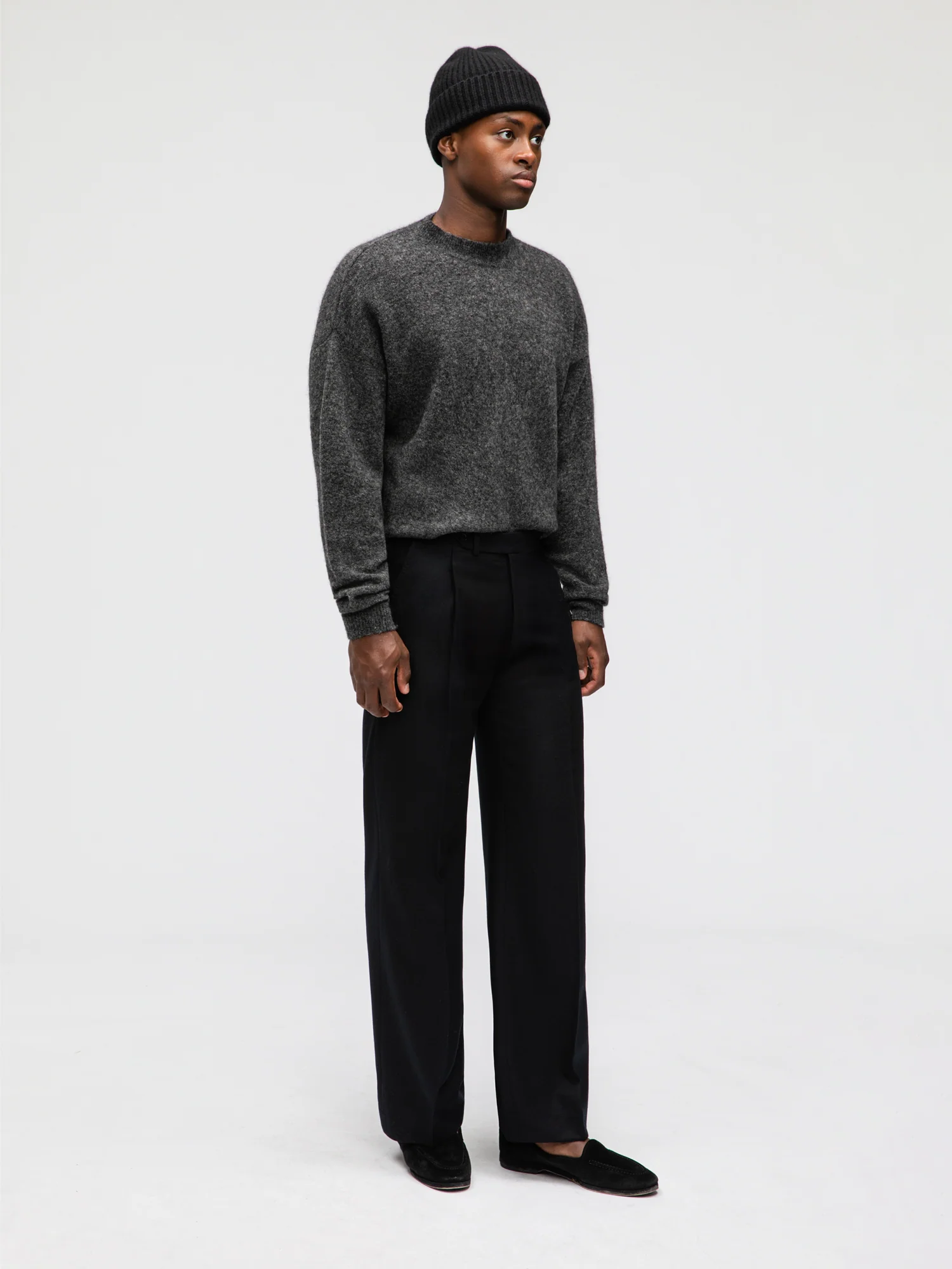 Black Flannel Wool Trousers (Wide Fit) - Image 3